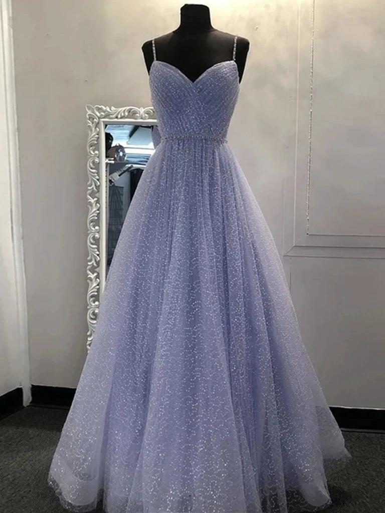 A Line V Neck Purple Tulle Prom Dresses ...